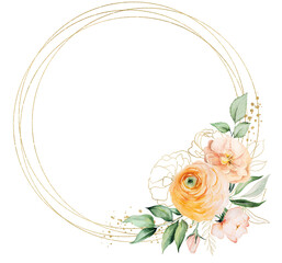 Frame made of pink and orange watercolor flowers and green leaves, wedding illustration