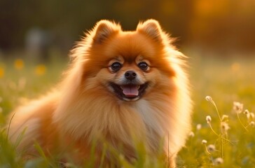 Cute pomeranian spitz is walking outdoor. Generative AI.