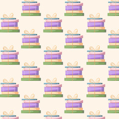 Horizontal stack of colored books tied with a bow seamless pattern. Concept of learning. Book fair, reading club, world book day concept. Vector illustration