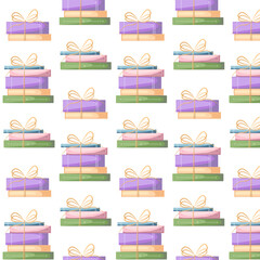 Horizontal stack of colored books tied with a bow seamless pattern. Concept of learning. Book fair, reading club, world book day concept. Vector illustration