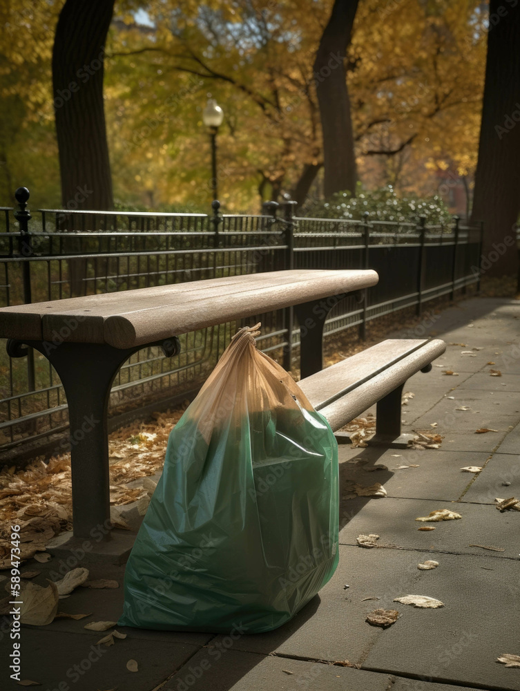 Poster a single grocery bag perched atop a park bench ignored by all who pass it by.. ai generation.