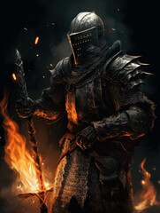 Soft flickering flames from a distant bonfire illuminated a figure sheathed in ebony armor a sword ipped firmly in a determined Gothic art. AI generation.