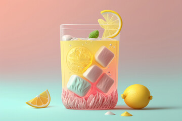 3D glass of lemonade against a soft pastel background, Generative Ai