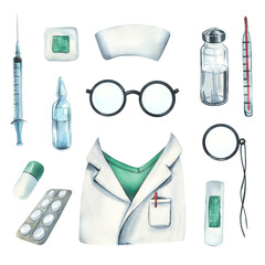 A set of doctor's medical clothes and tools for treatment and injections. Watercolor illustration hand drawn, isolated objects on a white background. For clinics, hospitals, pharmacies.