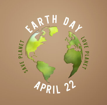 3d Rendering. Planet earth icon eco papercut on brown background. Earth day concept.