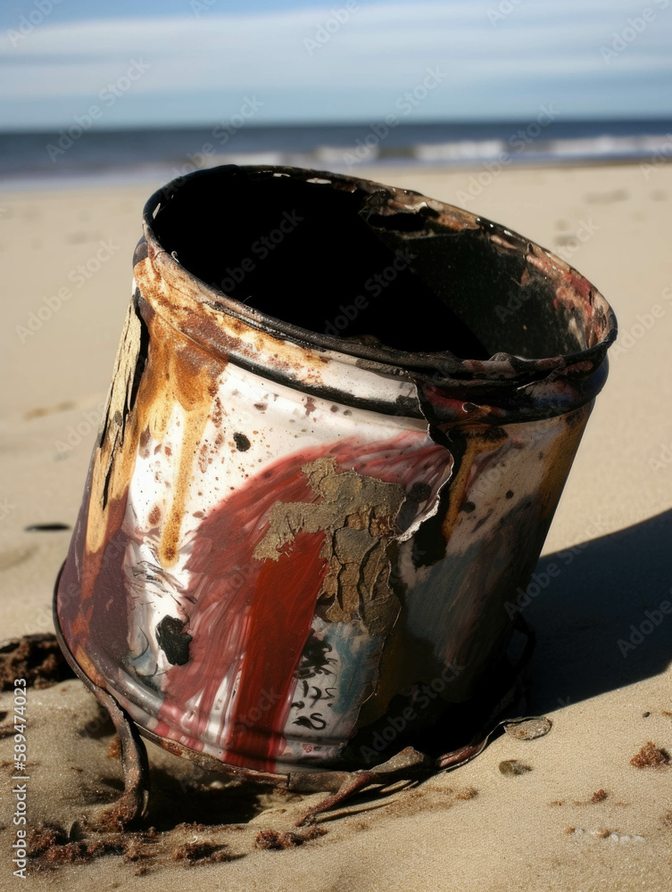 Poster an empty paint can partially crushed and rusted on the beach.. ai generation.