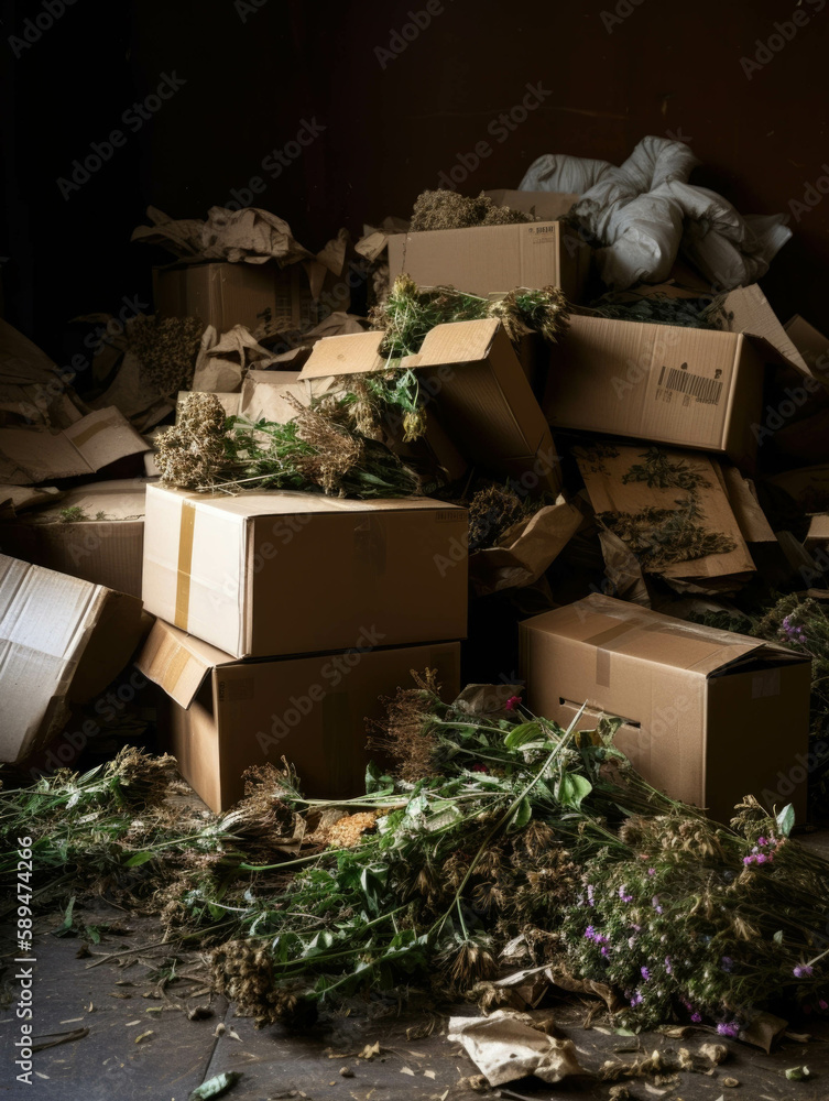 Poster a raw weed blooming in the middle of a pile of discarded cardboard boxes.. ai generation.