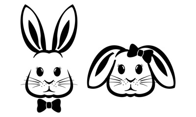 Vector illustration of a black and white rabbit couple wearing ties ,
A cute collection of rabbit faces with Easter-themed graphics is shown on a white backdrop.