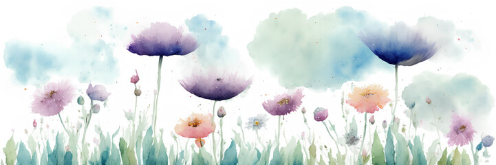 Watercolor drawing of flowers, wild blooming meadow, ai generation