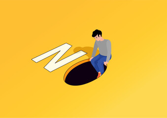 Man sits on the edge of an abyss in thought. Inscription - NO. Situations of no way out. Vector graphics