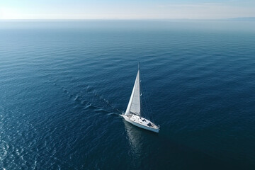 White boat on deep blue water as seen from above. Ai generated 