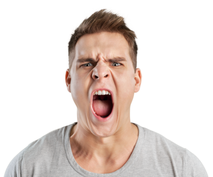 Angry man screaming isolated on white