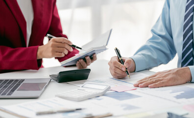 Business partnership coworkers analysis graph company financial budget report and cost work...
