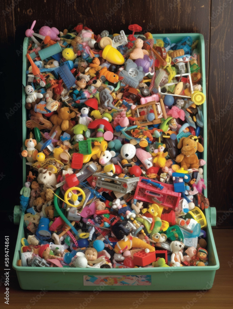 Poster a small e bin the top half hidden by its own contents of discarded toys.. ai generation.