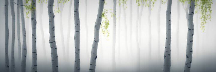 Birch forest in the morning fog, panoramic view