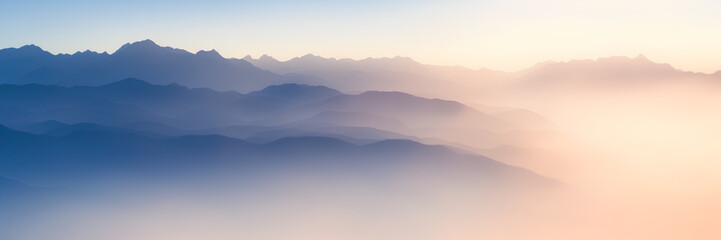 Fototapeta premium Sunset in the mountains, ai generation, panoramic