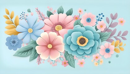 Blue kawaii full image floral design, Generative AI