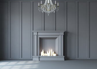 Interior mockup. Empty room with the fireplace. 3d render.