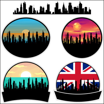 Cheadle Hulme Skyline Silhouette Uk Flag Travel Souvenir Sticker Sunset Background Vector Illustration SVG EPS AI