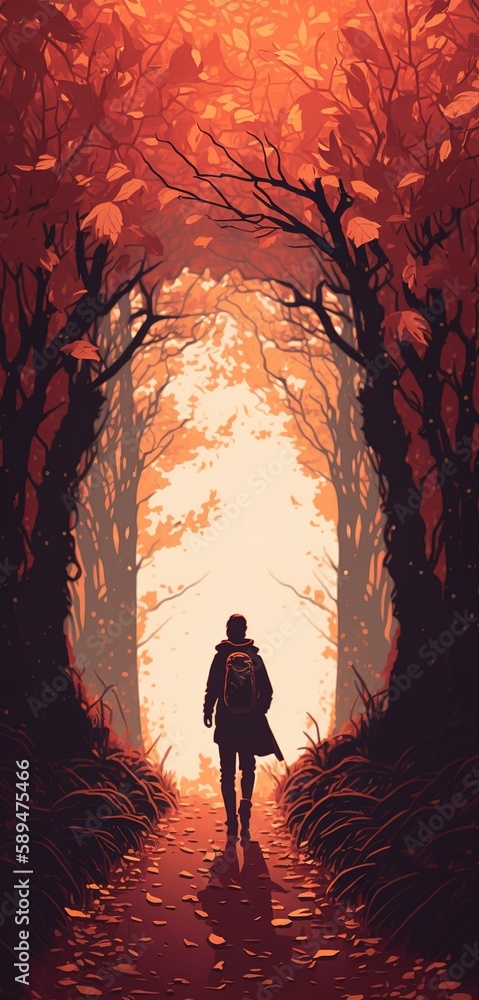 Poster a person strolls down a leaf-covered walkway in the fall. generative ai