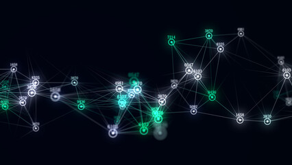 Futuristic backdrop. Network connection structure cyberspace with moving particles and numbers. Big data visualization. Abstract cyber security background in database. 3D rendering.