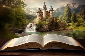enchanted magic fairytale book with fantasy scene pop up on page, fairytale castle with mountain landscape, Generative Ai  