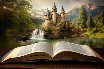 Photo sur Plexiglas Paysage fantastique enchanted magic fairytale book with fantasy scene pop up on page, fairytale castle with mountain landscape, Generative Ai  