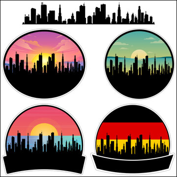 Helmstedt Skyline Silhouette Germany Flag Travel Souvenir Sticker Sunset Background Vector Illustration SVG EPS AI