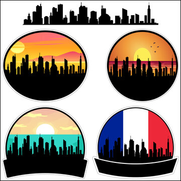 Brunoy Skyline Silhouette France Flag Travel Souvenir Sticker Sunset Background Vector Illustration SVG EPS AI