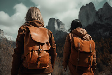zwei Frauen mit Rucksack wandern auf Berge zu