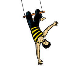 Circus acrobat on trapeze sketch engraving PNG illustration with transparent background © Oleksandr Pokusai