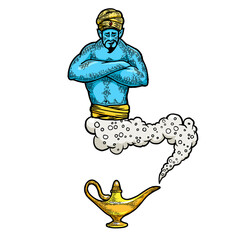 Magical genie color sketch engraving PNG illustration with transparent background - obrazy, fototapety, plakaty
