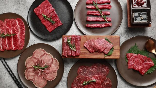Top view. Grilled japanese premium wagyu beef steak