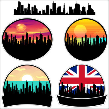 Hindley Skyline Silhouette Uk Flag Travel Souvenir Sticker Sunset Background Vector Illustration SVG EPS AI