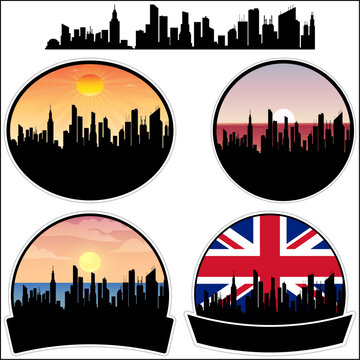 Consett Skyline Silhouette Uk Flag Travel Souvenir Sticker Sunset Background Vector Illustration SVG EPS AI