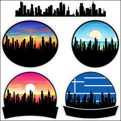 Pyrgos Skyline Silhouette Greece Flag Travel Souvenir Sticker Sunset Background Vector Illustration SVG EPS AI