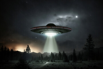 Fototapeta na wymiar A spooky UFO abduction scene with aliens and bright lights against a dark night sky, Generative Ai