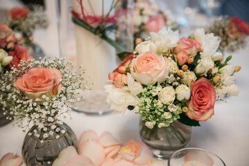 Closeup of the wedding decorations on the table, blurred background