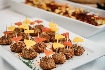 Closeup of wedding table decorations with dessert on the plate