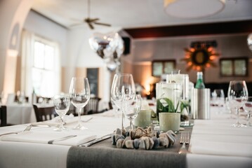 Closeup of the wedding decorations on the table, blurred background