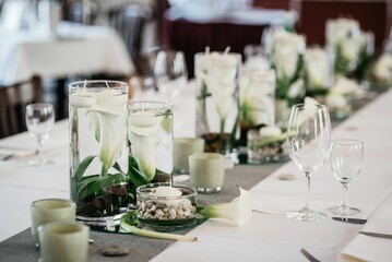 Closeup of the wedding decorations on the table, blurred background