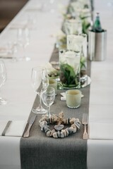 Closeup of the wedding decorations on the table, blurred background