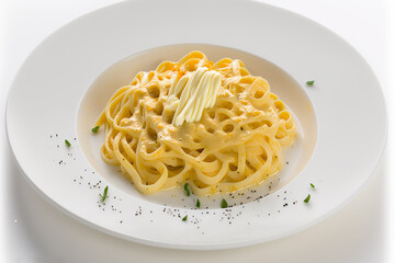 Delicious cheesy spaghetti served on a white plate. 