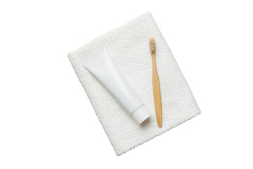 toothpaste and toothbrush top view with copy space isolated on white background. Flat lay. Dental hygiene. Oral care products on light background. Body care concept