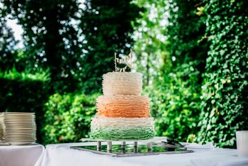 Obraz premium Beautiful orange three tiered cake on a table with trees in the background