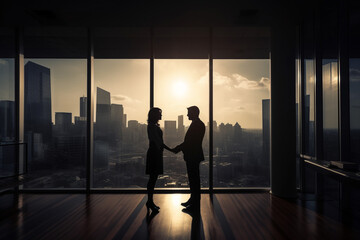 Fototapeta na wymiar Sihouettes of a businessman and a businesswoman shaking hands, closing a deal, in an office building. Generative AI