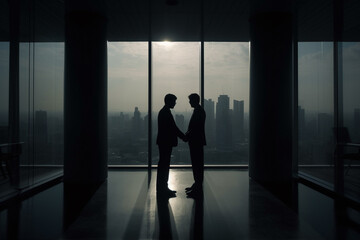 Fototapeta na wymiar Sihouettes of two businessmen shaking hands, closing a deal, in an office building. Generative AI