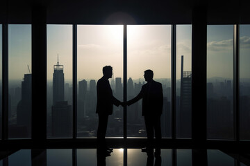 Fototapeta na wymiar Sihouettes of two businessmen shaking hands, closing a deal, in an office building. Generative AI