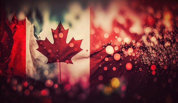 Canada national flag flew in wind with bokeh light, idea for national federal holiday celebration theme background wallpaper, Generative Ai