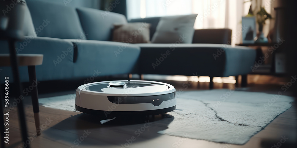 Poster smart cleaning for modern homes with the help of automated vacuum robot machine. generative ai